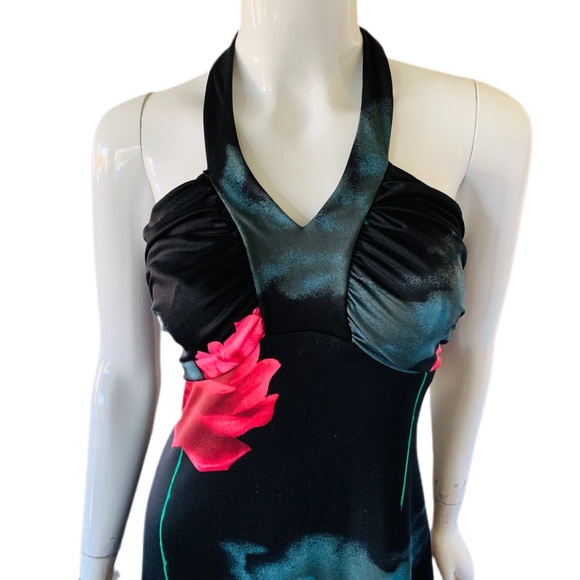 Vintage 70’s Rose Print Disco Queen Halter Maxi Dress - Picture 3 of 6